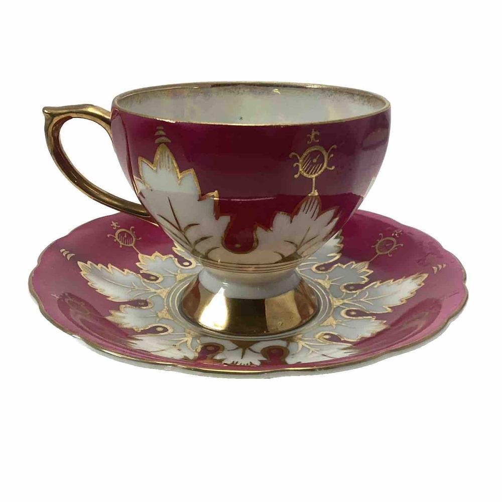 Vintage Royal Sealy China Footed Luster Tea Cup & Saucer Pink & Gold Leaf